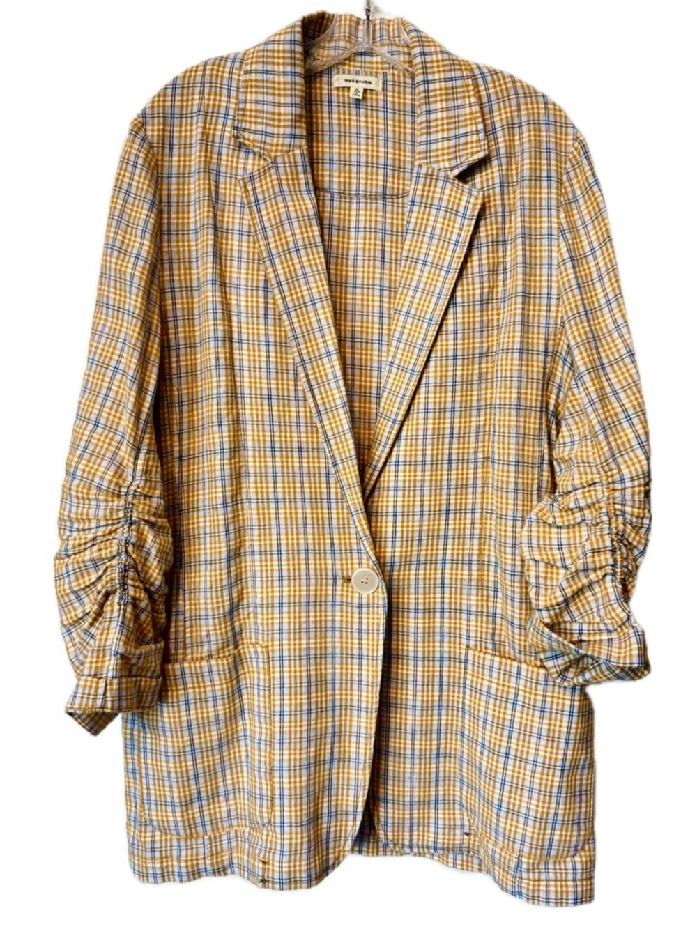 Max Studio Plaid Blazer Jacket XL Yellow Blue Ruched Sleeve Casual Chic
